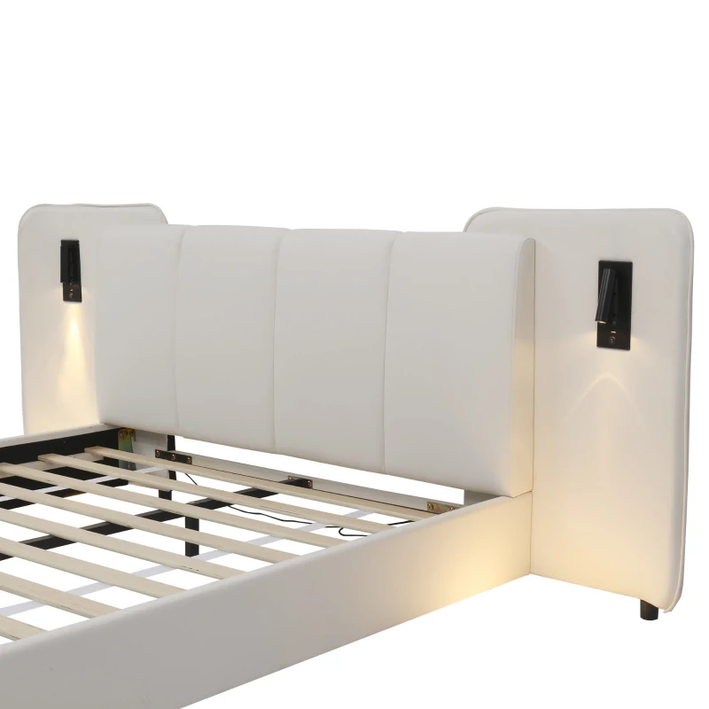 Upholstered Double Bed with Charging Port and Lighting, Headboard with Impact-Resistant Sponge Padding, 209L x 221W x 86.5H cm, Beige