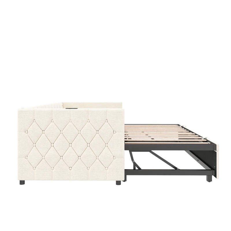 Upholstered Daybed with Charging Station, USB and Type-C Ports, Button-tufted Sofa Bed Perfect for Compact Room, 206L x 193W x 71H cm, Beige