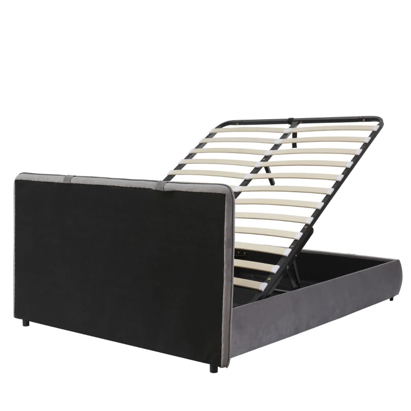 Upholstered Hydraulic Bed with Storage and Removable Headboard, Crafted Headboard with Velvet and Plywood, 210L x 159W x 90H cm, Grey