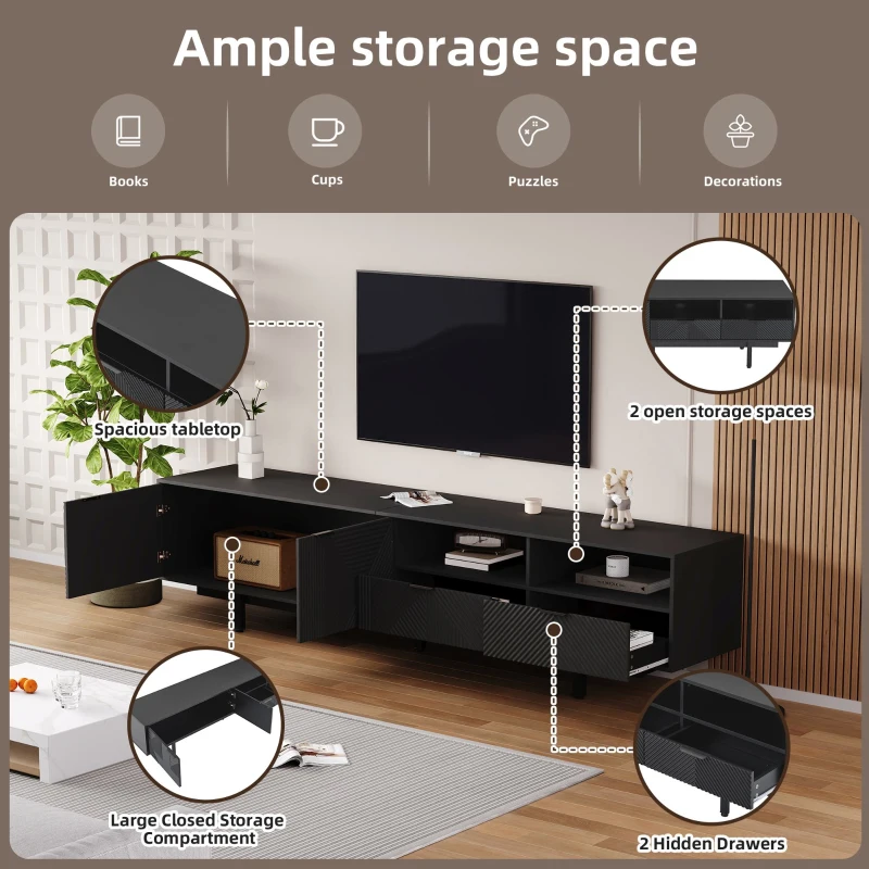Modern Bohemian TV Cabinet with Sturdy and Durable Construction, Geometric Lines TV Stand for Living Room, 200L x 40W x 51H cm, Black