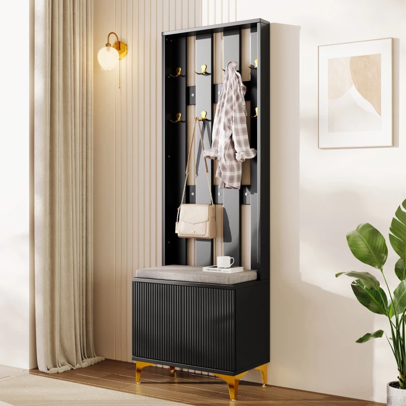 Elegant Wardrobe Set with Shoe Bench and Cushion, Adjustable Shelves, Closet Set Perfect for Entryway, 60.5L x 35W x 180.5H cm, Black