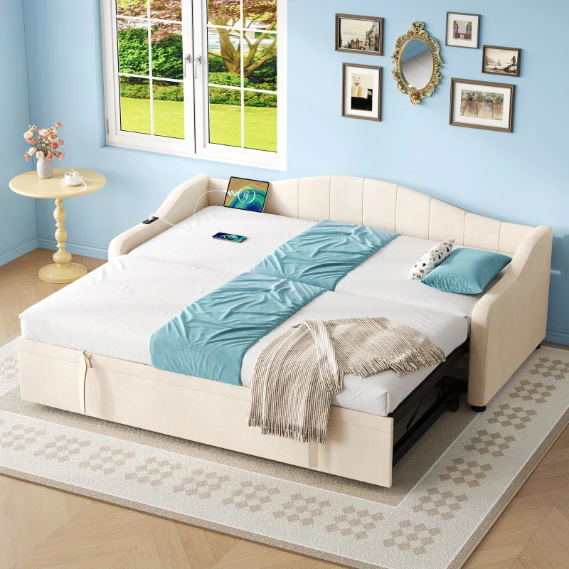 Velvet Upholstered Daybed with USB and Type-C Charging Ports, Convertible Sofa Bed with Pull-Out Trundle, 202L x 193W x 78H cm, Beige