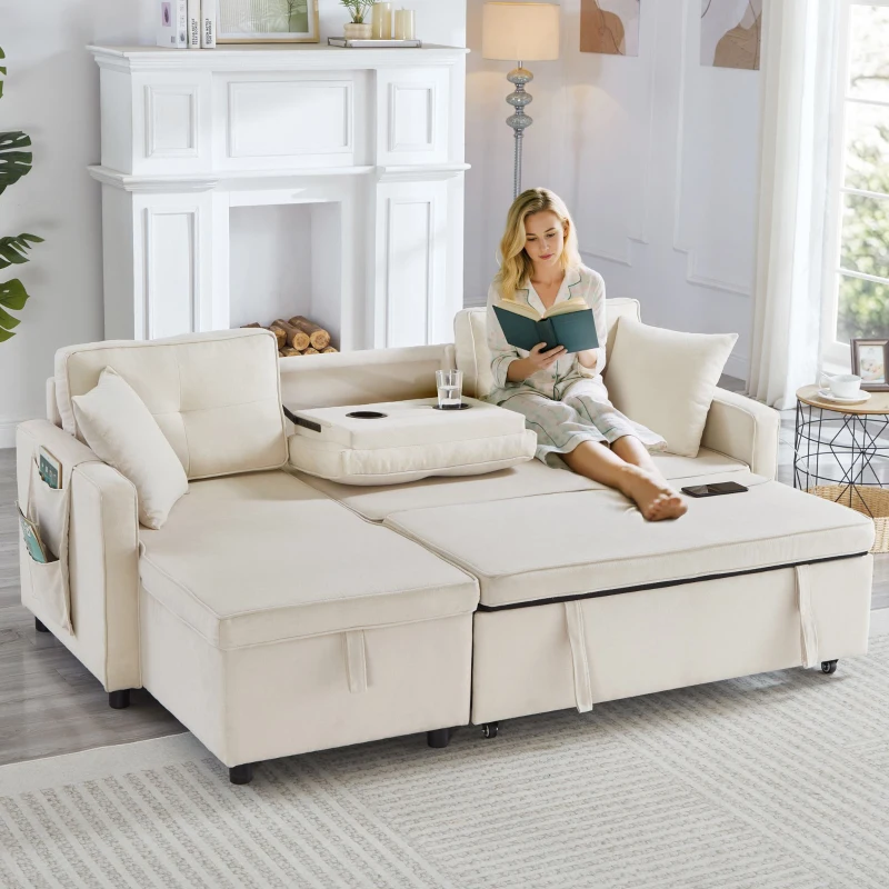 L-Shaped Convertible Sofa Bed with Reversible Chaise, Storage, Sleeper Sofa Ideal for Space-Saving Rooms, 196L x 126W x 79H cm, Beige