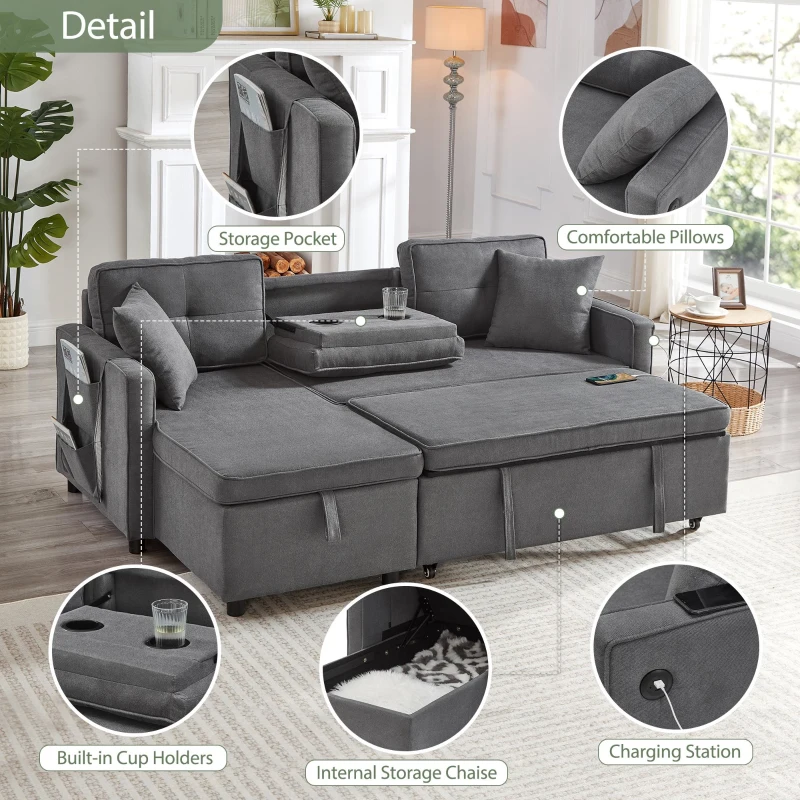 L-Shaped Convertible Sofa Bed with Reversible Chaise, Storage, Sleeper Sofa Ideal for Space-Saving Rooms, 196L x 126W x 79H cm, Grey