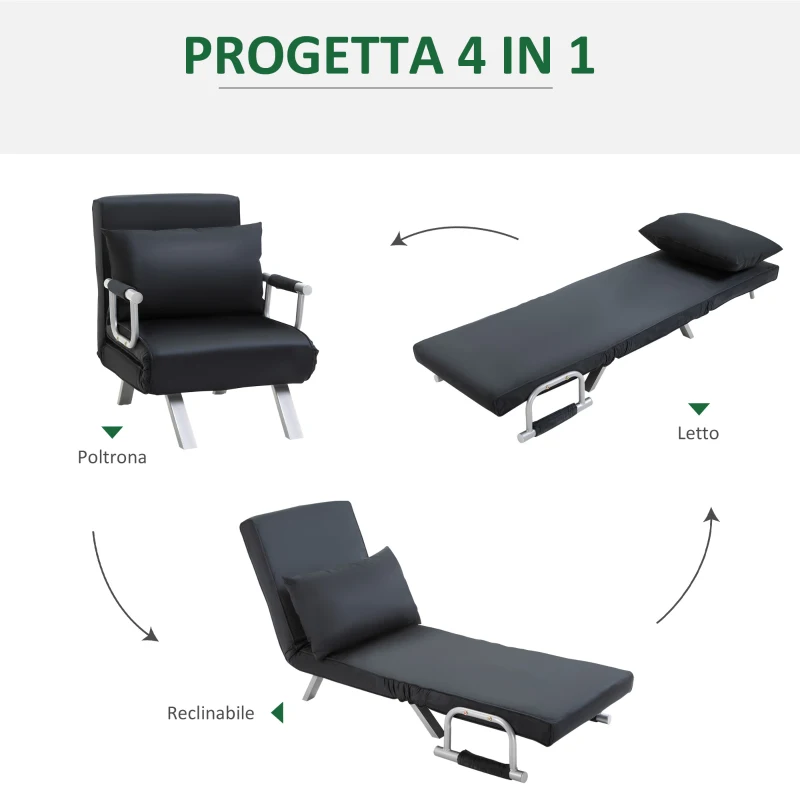 HOMCOM Poltrona Letto Moderna 2 in 1 con Schienale Reclinabile su 5 Posizioni e Cuscino, 65x77x80 cm, Nero