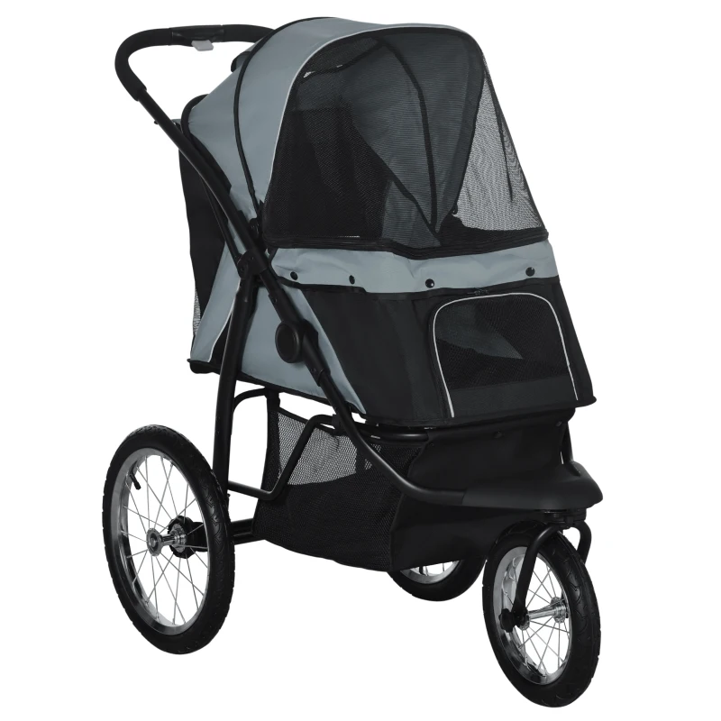PawHut Carrito para Perros Medianos Pequeños con Cesta de Almacenaje Capota Ajustable y Ventana de Malla 111x58x107 cm Gris