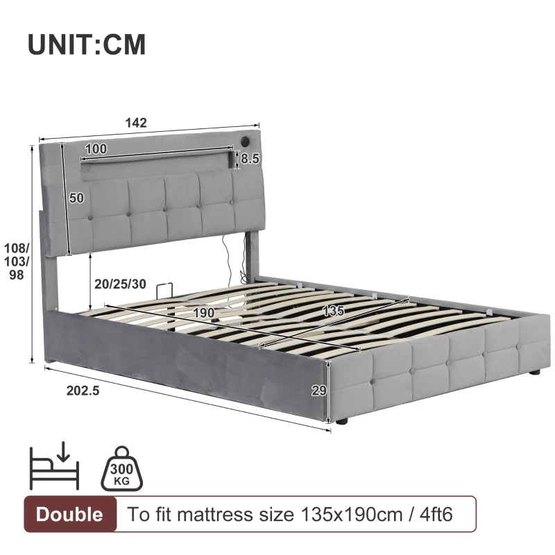 Double Upholstered Bed Frame with Hydraulic Storage, Velvet Bed with LED Lighting and Charging Station, 202.5L x 142W x 108H cm, Grey