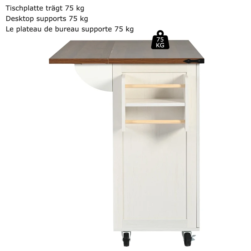 Elegant Kitchen Island with Extendable Worktop, Smooth Wheels, Ample Storage, Serving Cart for Modern Living, 140L x 45W x 92.5H cm, White