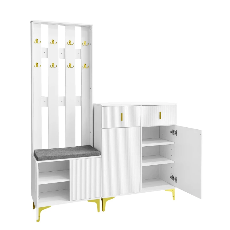 Practical Wardrobe Set with Shoe Bench and Cushion, Wave Texture, Closet Set Perfect for Entryway, 60.5L x 35W x 180.5H cm, White
