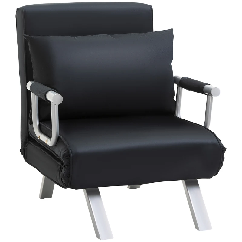 HOMCOM Poltrona Letto Moderna 2 in 1 con Schienale Reclinabile su 5 Posizioni e Cuscino, 65x77x80 cm, Nero
