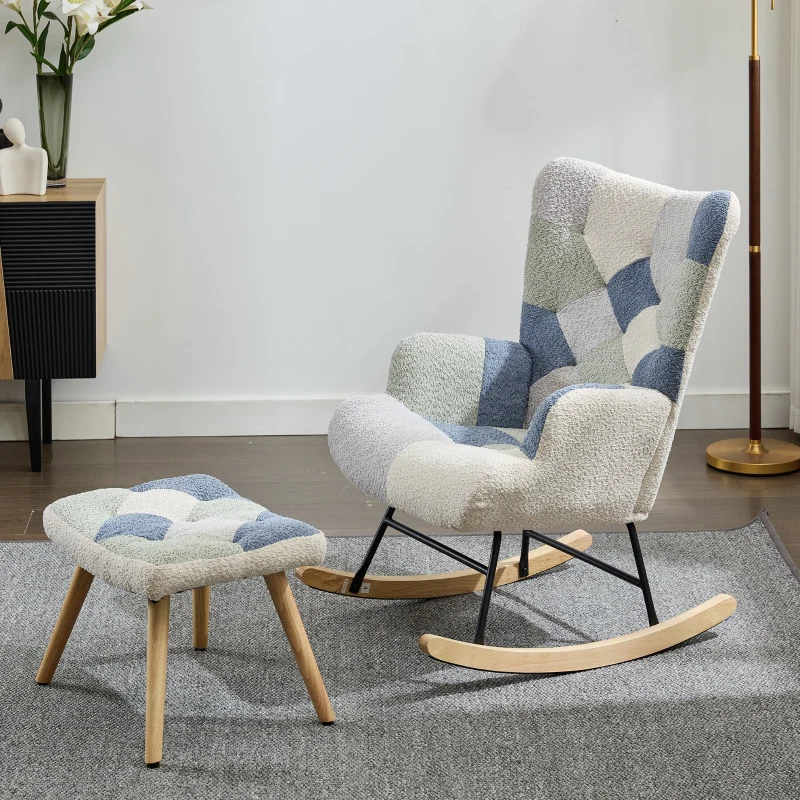 High-Back Rocking Chair with Footstool and Sturdy Design, Rocking Seat for a Soothing Rocking Motion, 68L x 84W x 91H cm, Colorful