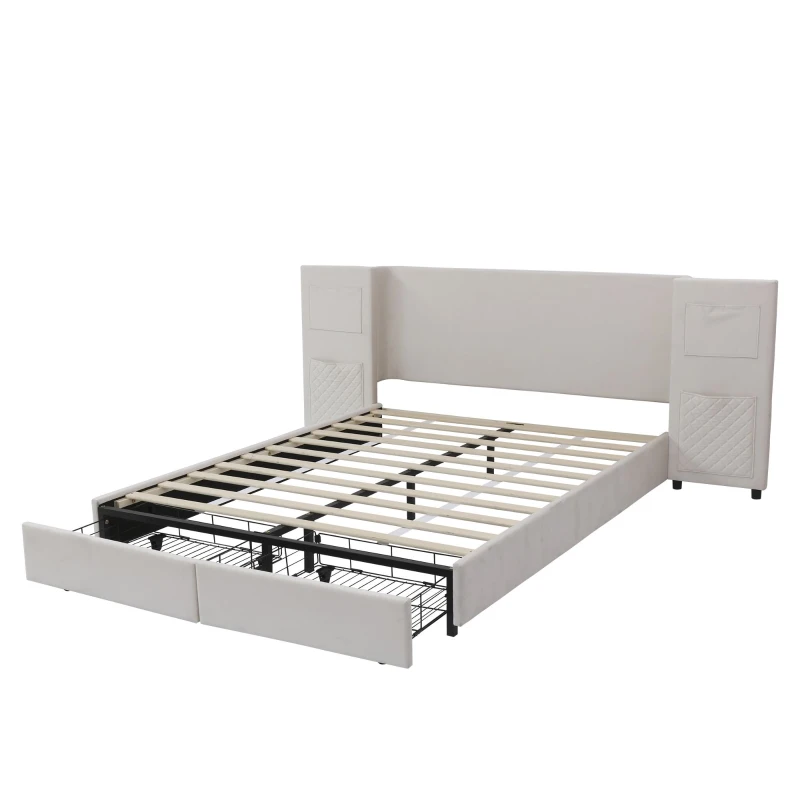Upholstered Double Bed with Storage Drawers and Headboard Pockets, Bed Frame with Velvet and Plywood, 229L x 222.5W x 87.5H cm, Beige