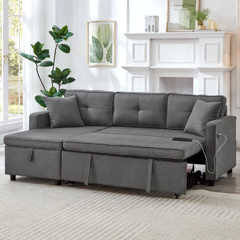 L-Shaped Convertible Sofa Bed with Reversible Chaise, Storage, Sleeper Sofa Ideal for Space-Saving Rooms, 196L x 126W x 79H cm, Grey