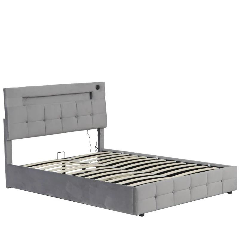 Double Upholstered Bed Frame with Hydraulic Storage, Velvet Bed with LED Lighting and Charging Station, 202.5L x 142W x 108H cm, Grey
