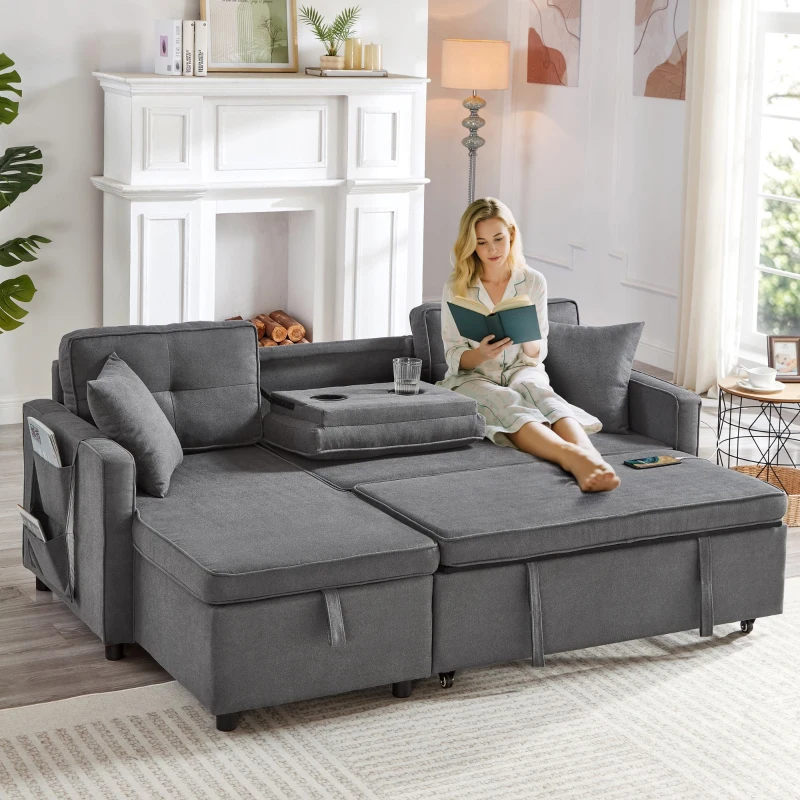 L-Shaped Convertible Sofa Bed with Reversible Chaise, Storage, Sleeper Sofa Ideal for Space-Saving Rooms, 196L x 126W x 79H cm, Grey