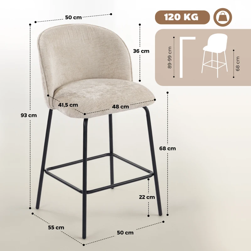 HOMCOM 2-delige set Barkruk met rugleuning en voetensteun, gestoffeerde stoelen met stalen poten voor keukeneiland, eetkamer, Beige(m-3)