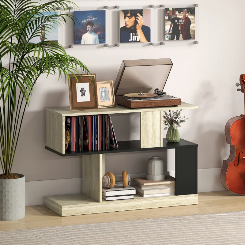 HOMCOM Tavolino a forma S, a 3 livelli con scaffali, 90 x 30 x 61 cm, Legno naturale e nero