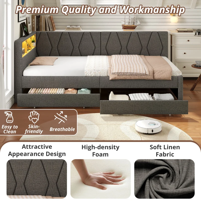 Single Daybed with Storage Drawers, LED Headboard, Charging Station, Linen Sofa Bed Ideal for Compact Rooms, 200L x 97W x 82H cm, Grey