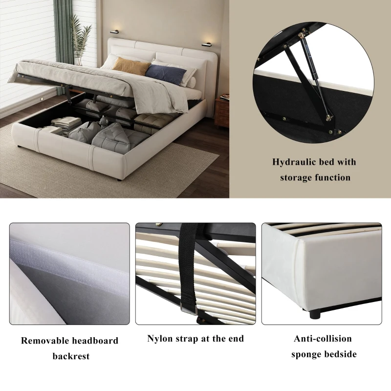 Upholstered Double Bed with Hydraulic Storage and Headboard, Full-Size Bed Ideal for Storing Bedding, 210L x 159W x 90H cm, Beige