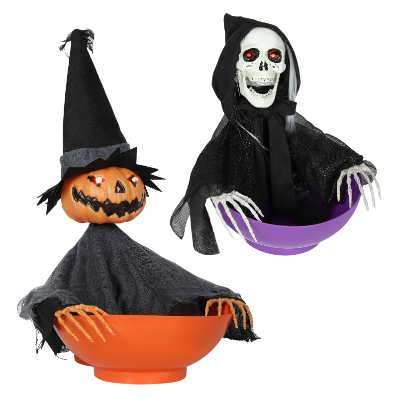 Outsunny 2pcs Animated Halloween Skull Bowl, Skeleton Ghost Skull Candy Dish with LED Eyes, Moving Body and Creepy Sound for Party Decoration, Festival Haunted Houses