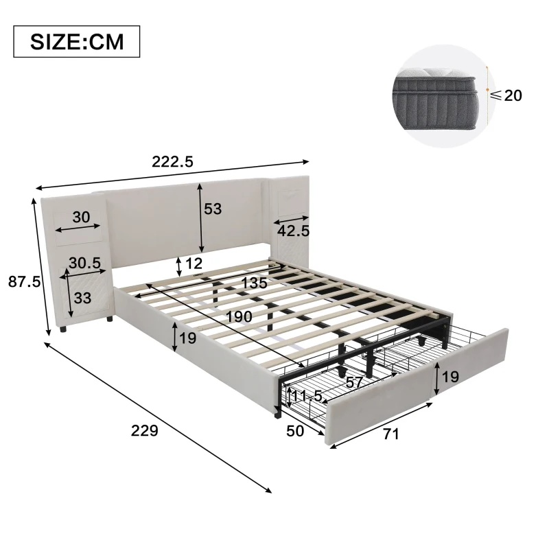 Upholstered Double Bed with Storage Drawers and Headboard Pockets, Bed Frame with Velvet and Plywood, 229L x 222.5W x 87.5H cm, Beige