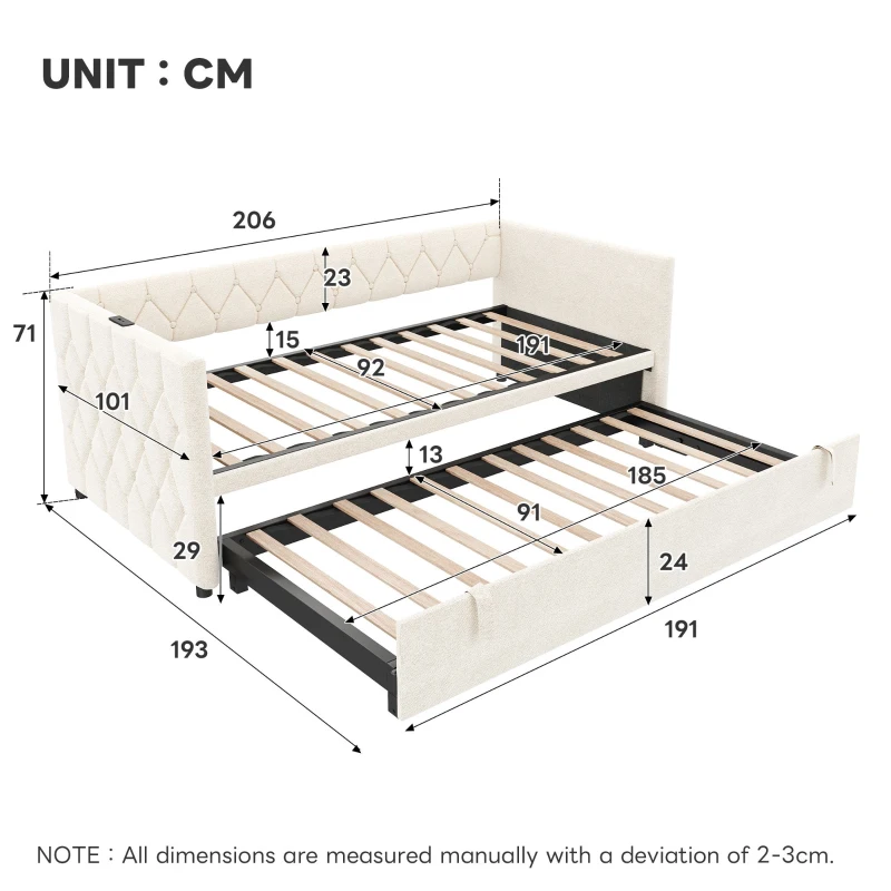 Upholstered Daybed with Charging Station, USB and Type-C Ports, Button-tufted Sofa Bed Perfect for Compact Room, 206L x 193W x 71H cm, Beige