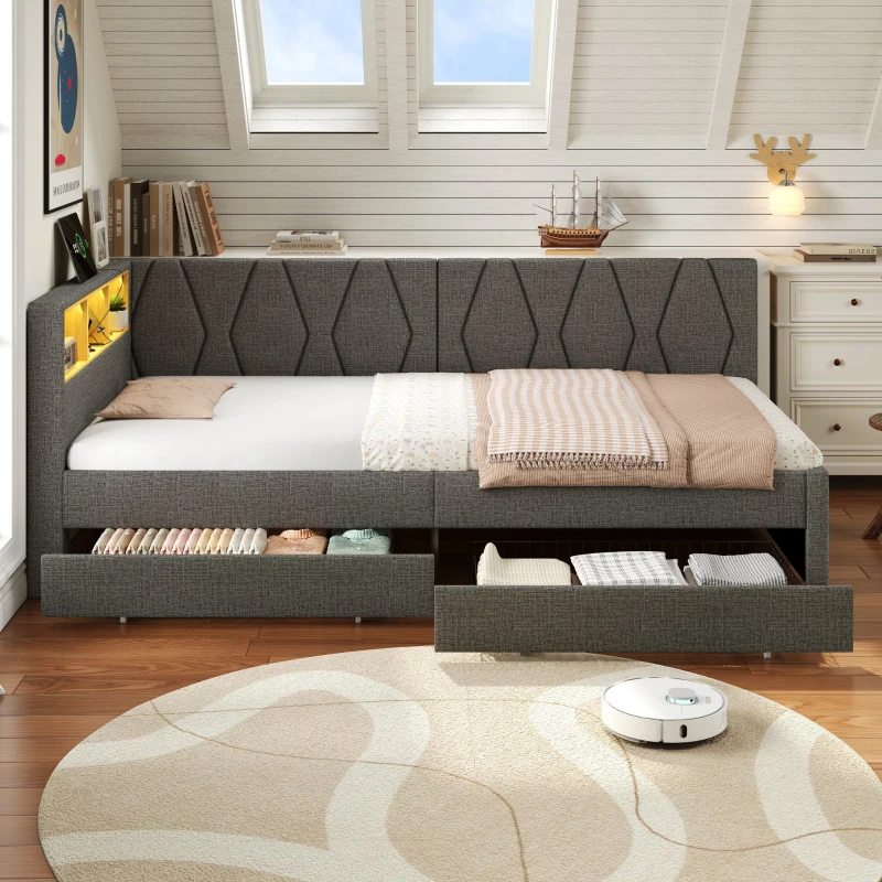 Single Daybed with Storage Drawers, LED Headboard, Charging Station, Linen Sofa Bed Ideal for Compact Rooms, 200L x 97W x 82H cm, Grey