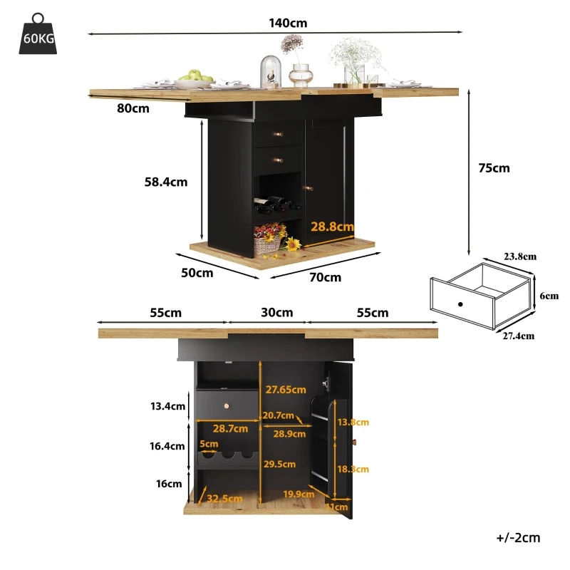 Telescopic Dining Table with Snack Shelf and Wine Rack for 4-6 People, Kitchen Table for Modern Living, 110L x 80W x 75H cm, Black+Natural