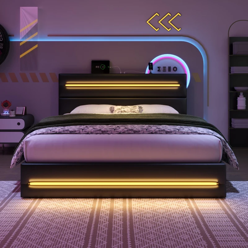 King Upholstered Bed Frame with Hydraulic Storage and LED Lighting, Bedside Equipped with Type-C and USB ports, 210L x 160W x 110H cm, Black