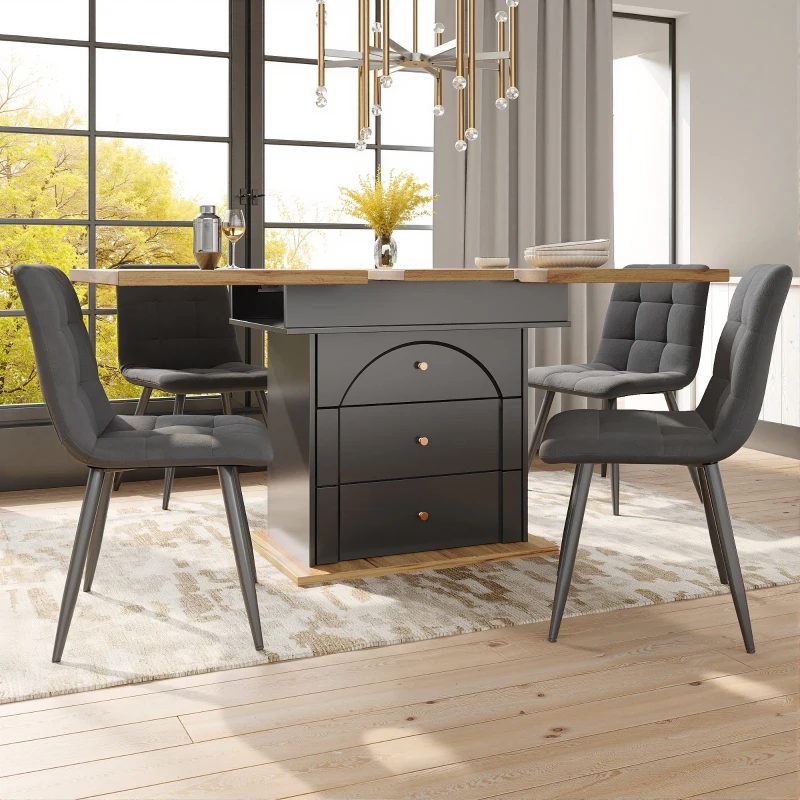 Telescopic Foldable Kitchen Table for 4-6 People with Soft-Close System, Dining Table with Hidden Storage, 110L x 80W x 75H cm, Black+Natural