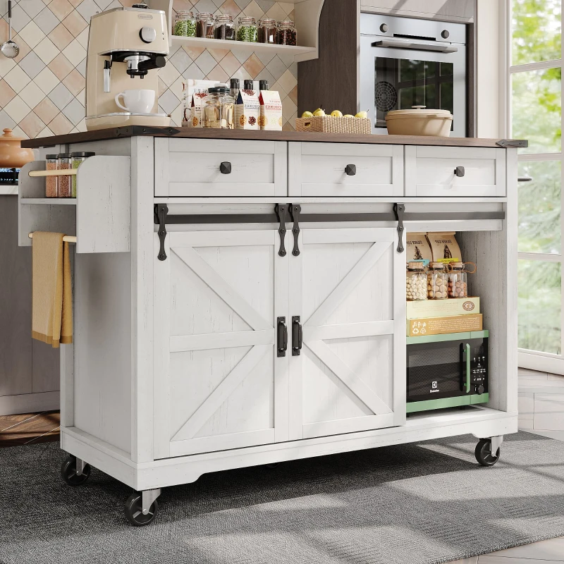 Elegant Kitchen Island with Extendable Worktop, Smooth Wheels, Ample Storage, Foldable Cabinet Ideal for Kitchen, 140L x 45W x 94H cm, White