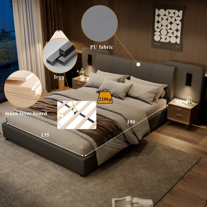 Upholstered Double Bed with Charging Port and Lighting, Full-Size Bed with Impact-Resistant Sponge Padding, 209L x 221W x 86.5H cm, Grey