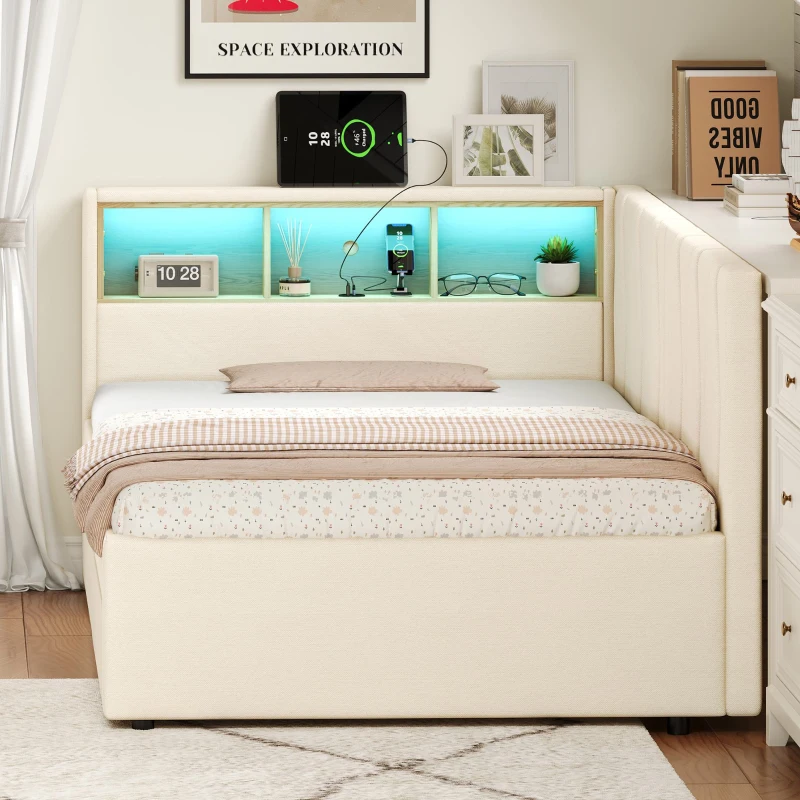 Single Daybed with Storage Drawers, LED Headboard and Charging Station, Linen Sofa Bed Ideal for Compact Rooms, 200L x 97W x 82H cm, Beige