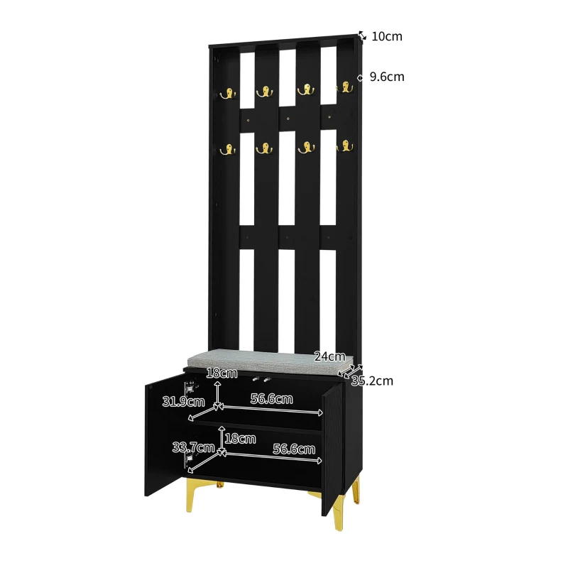 Elegant Wardrobe Set with Shoe Bench and Cushion, Adjustable Shelves, Closet Set Perfect for Entryway, 60.5L x 35W x 180.5H cm, Black