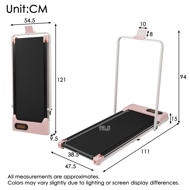 Folding Treadmill with Adjustable Incline, LED Display & Remote Control, Space-Saving Treadmill for Living Room, 121L x 54.5W x 9.5H cm, Pink