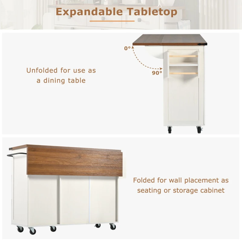 Elegant Kitchen Island with Extendable Worktop, Smooth Wheels, Ample Storage, Serving Cart for Modern Living, 140L x 45W x 92.5H cm, White