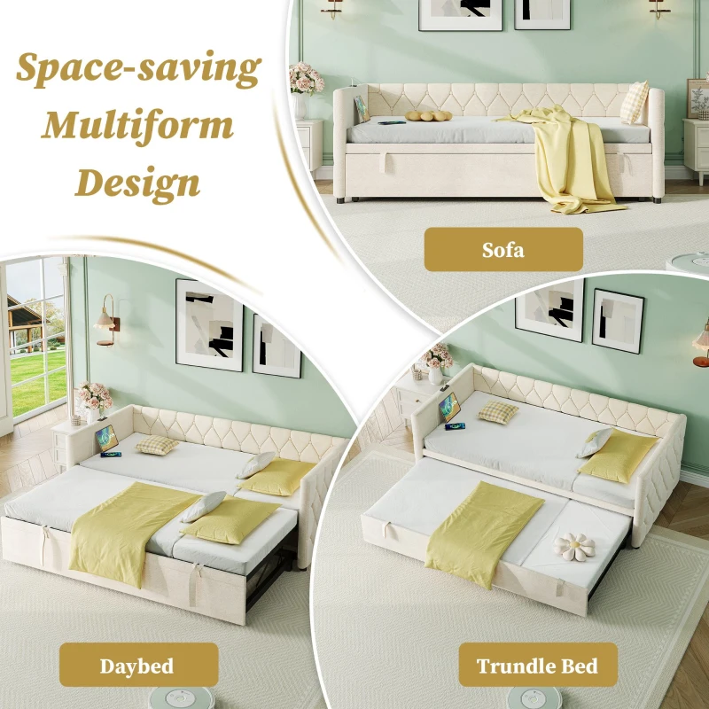 Upholstered Daybed with Charging Station, USB and Type-C Ports, Button-tufted Sofa Bed Perfect for Compact Room, 206L x 193W x 71H cm, Beige