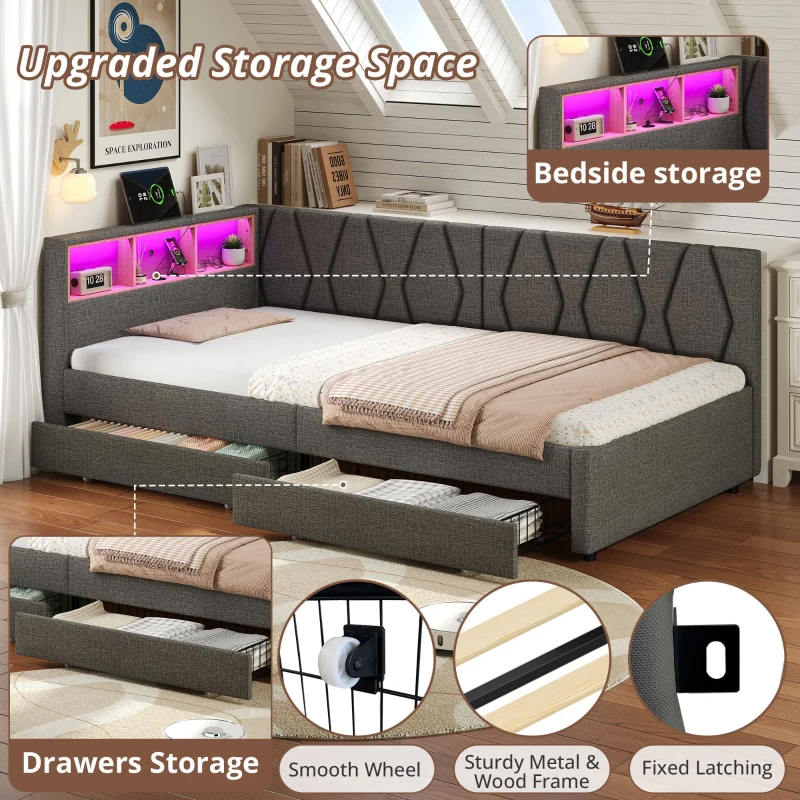 Single Daybed with Storage Drawers, LED Headboard, Charging Station, Linen Sofa Bed Ideal for Compact Rooms, 200L x 97W x 82H cm, Grey