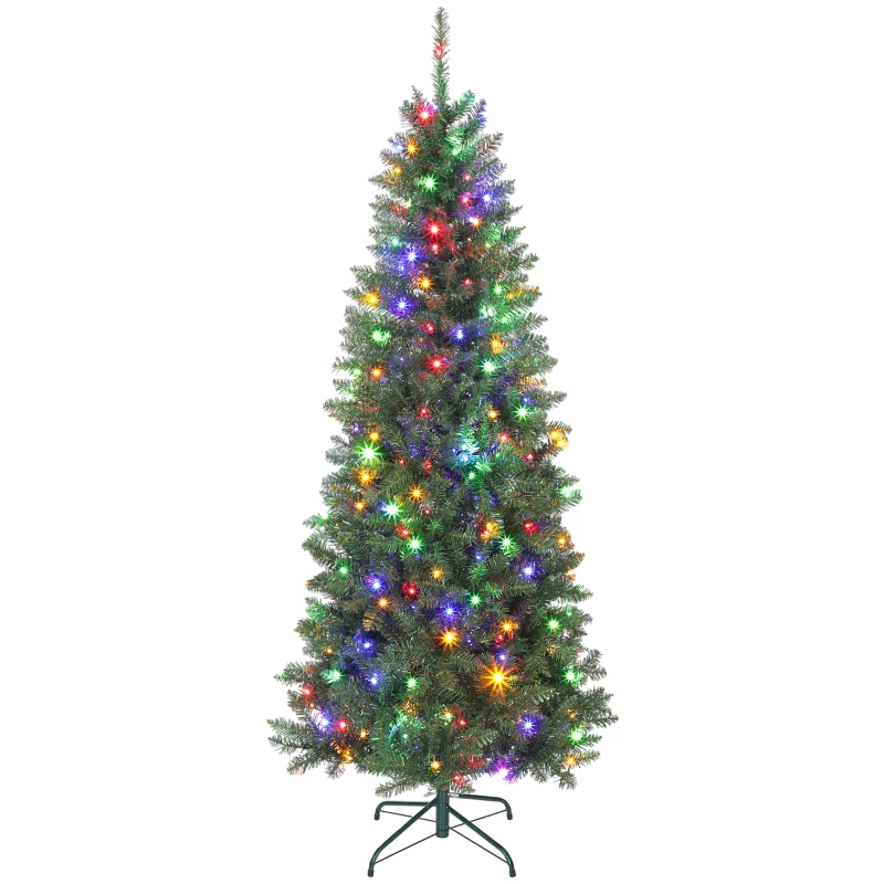 HOMCOM Pom de Crăciun Artificial de 180 cm cu Lumini Incorporate Albe și Colorate în 9 Moduri și 899 Crengi Ignifuge, Brad de Crăciun Dens și Realistic cu Bază Metalică Pliabilă pentru Acasă