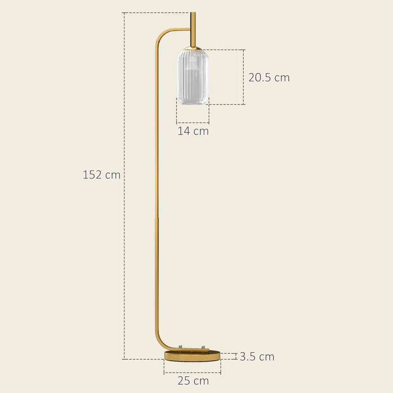 HOMCOM Lampă de Podea Modernă cu Luminozitate Reglabilă, Abajur din Sticlă și Întrerupător de Picior, 29x25x153 cm, Auriu