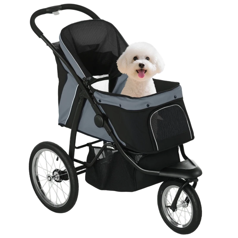 PawHut Carrito para Perros Medianos Pequeños con Cesta de Almacenaje Capota Ajustable y Ventana de Malla 111x58x107 cm Gris