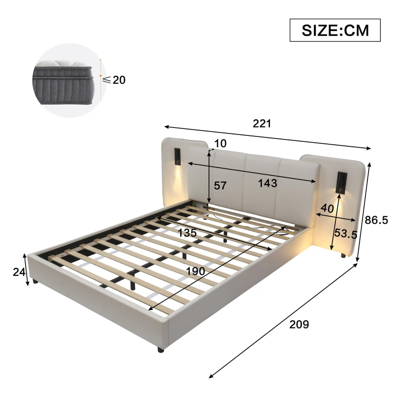 Upholstered Double Bed with Charging Port and Lighting, Headboard with Impact-Resistant Sponge Padding, 209L x 221W x 86.5H cm, Beige