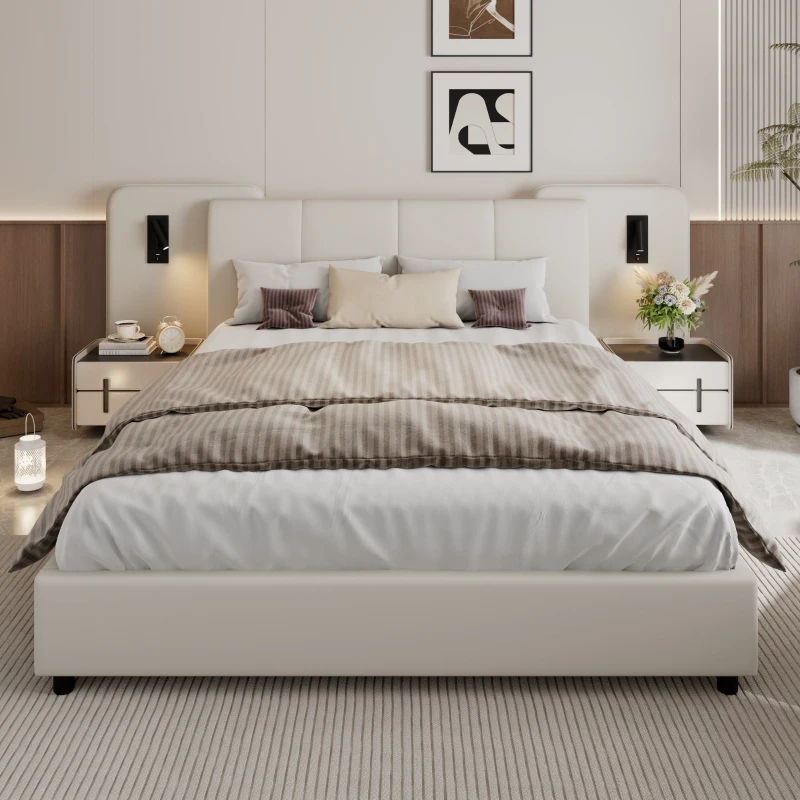 Upholstered Double Bed with Charging Port and Lighting, Headboard with Impact-Resistant Sponge Padding, 209L x 221W x 86.5H cm, Beige