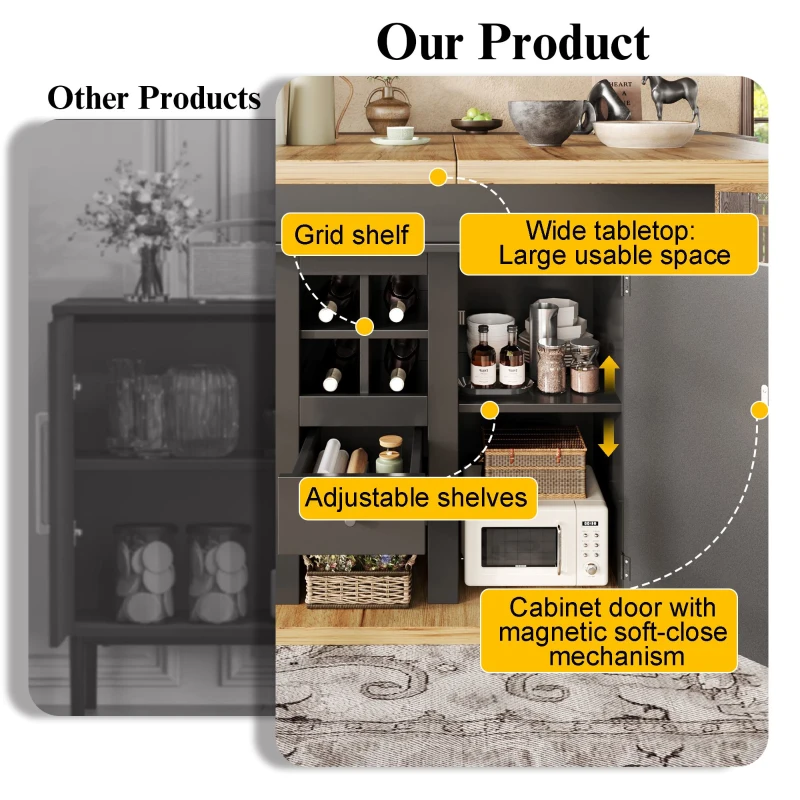 Extendable Dining Table with Modern Design for 4-6 People, Kitchen Table with Wine Rack and Drawers, 110L x 80W x 75H cm, Black+Natural