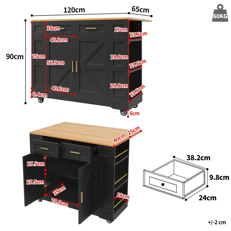 Elegant Kitchen Island Trolley with Wheels, Foldable Worktop, Black Kitchen Trolley with Double-Sided Storage, 120L x 40W x 90H cm, Black