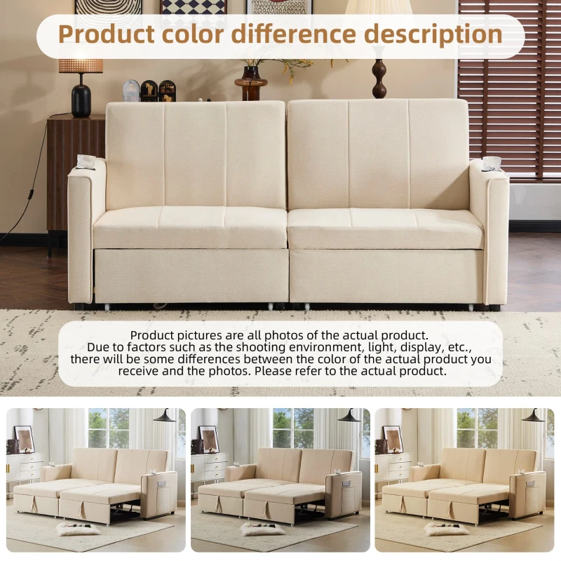 Versatile Sofa Bed with King-Size Independent Pull-Out and Fabric Design, Sleeper Sofa with Cup Holders and Pockets, 207L x 87W x 96H cm, Beige