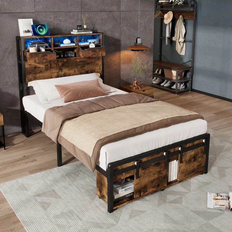 Modern Metal Single Bed with LED Lights and Charging Ports, Crafted Headboard with Sturdy Iron Slats, 209L x 90.5W x 114.5H cm, Black+Natural