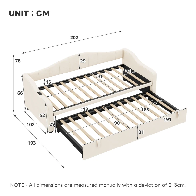 Velvet Upholstered Daybed with USB and Type-C Charging Ports, Convertible Sofa Bed with Pull-Out Trundle, 202L x 193W x 78H cm, Beige