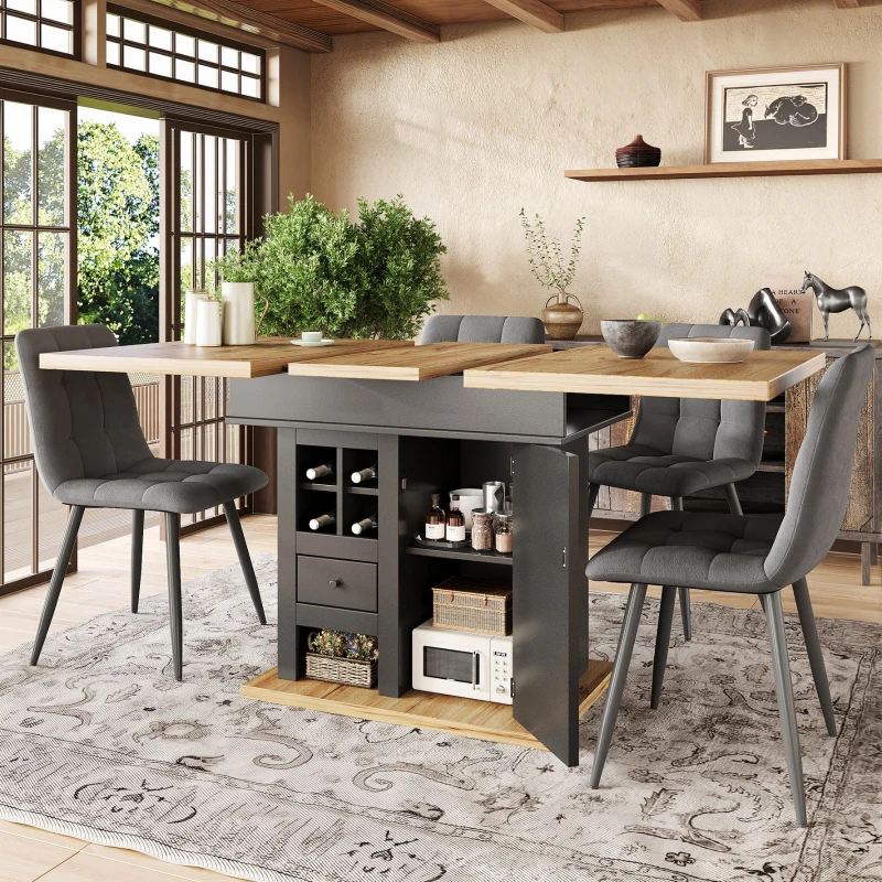 Extendable Dining Table with Modern Design for 4-6 People, Kitchen Table with Wine Rack and Drawers, 110L x 80W x 75H cm, Black+Natural