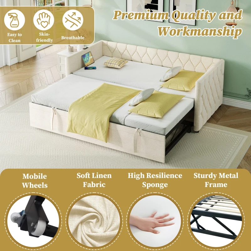 Upholstered Daybed with Charging Station, USB and Type-C Ports, Button-tufted Sofa Bed Perfect for Compact Room, 206L x 193W x 71H cm, Beige